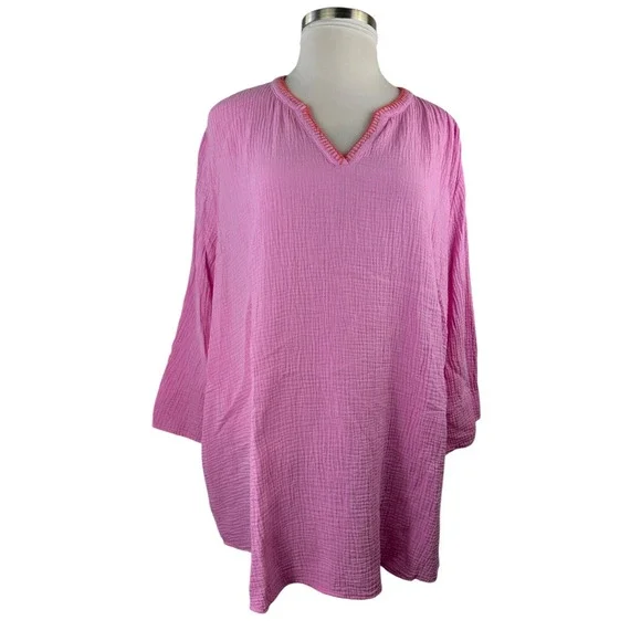 Belle Beach by Kim Gravel Cotton Gauze Color Crush Whipstitch Top Plus Size 4X - Picture 3 of 11